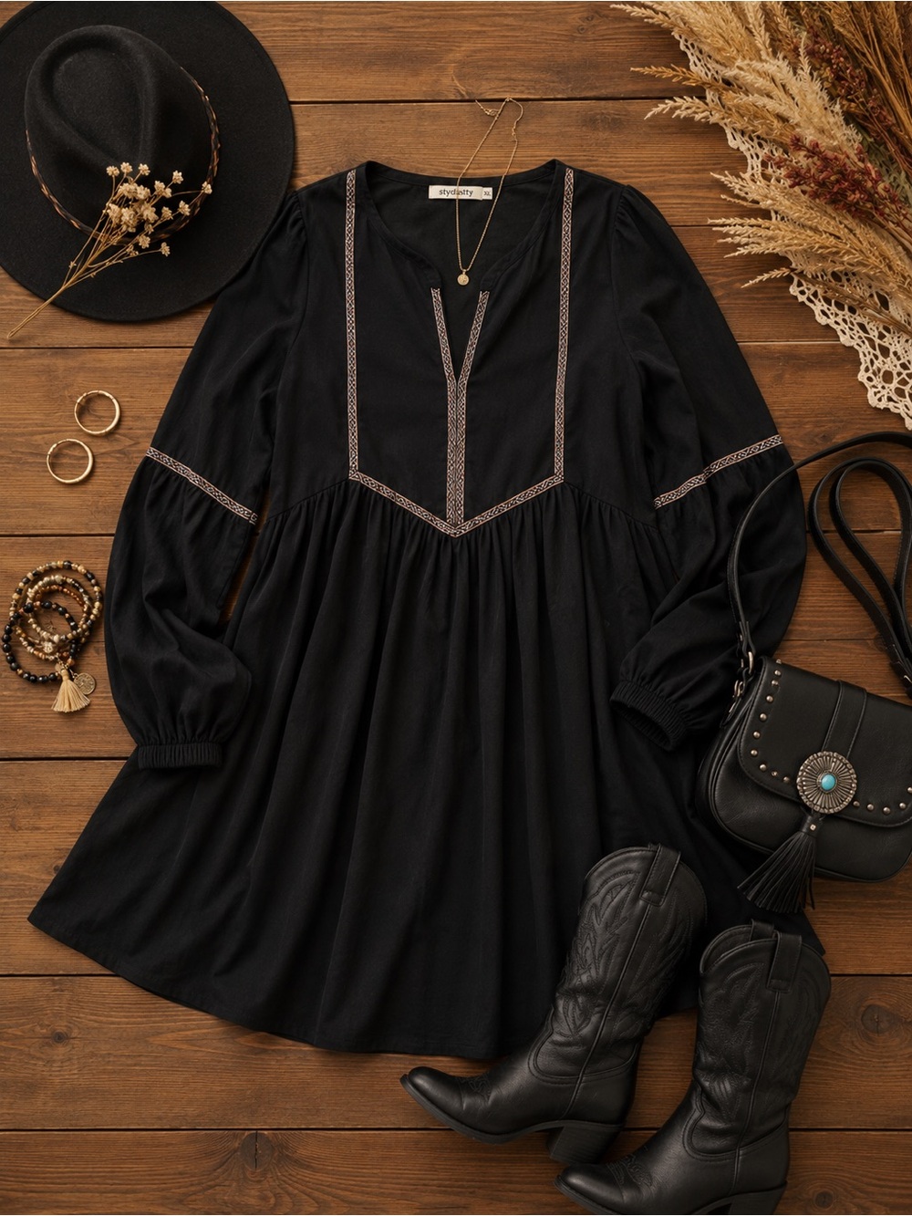 Rustty Dustty Black Boho Babydoll Dress| Western Chic Puff Sleeve Mini Dress XL